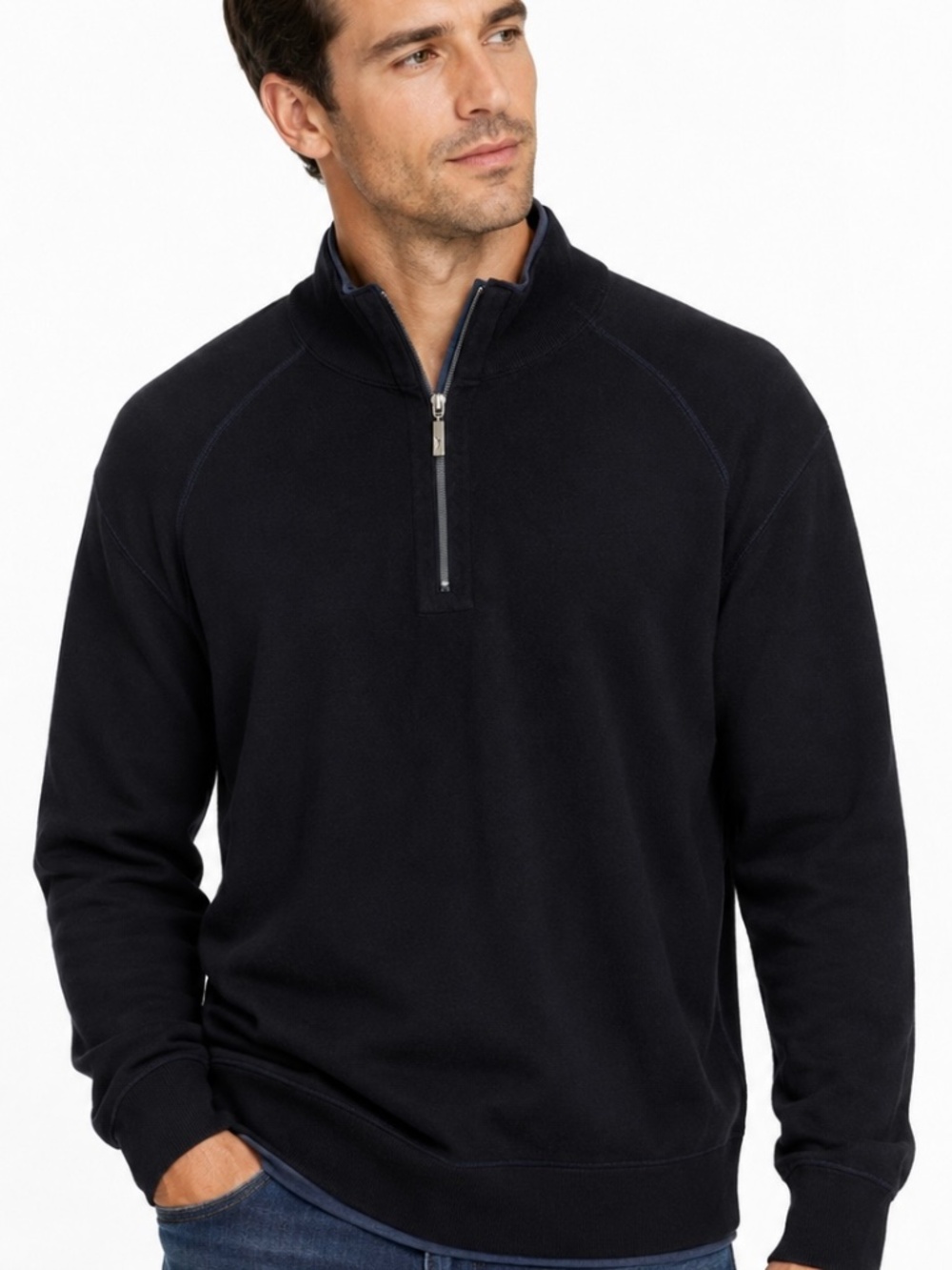 Tommy Bahama black, pullover sweater with blue lining.